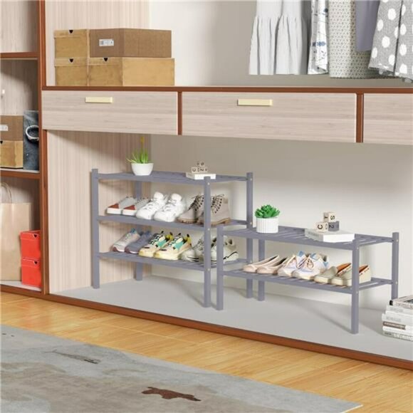 3 Tier Bamboo Shoe Rack Stackable Wood Shelf Organizer for Closet Entryway - Picture 4 of 8